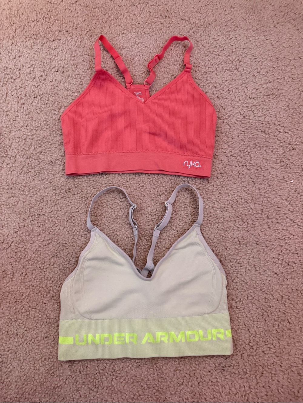 Under Armour Cream Sports Bra with Neon Yellow Band + Coral Ribbed Ryka Bralette